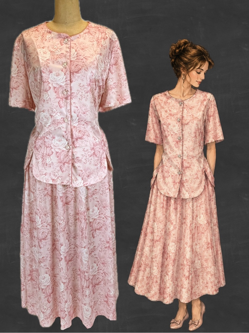 VINTAGE 80s pink rose floral 2 piece dress set skirt bodice blouse jacket pastel